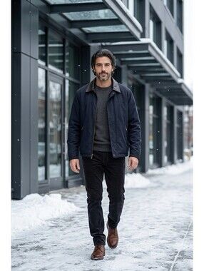 Rainforest Men’s Navy Thermolite Insulated Jacket Leather Collar Coat Size L